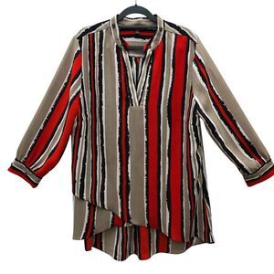 Mishca‎ Blouse Womens Large Red Black Beige Stripe Tunic Asymmetrical Hem Top